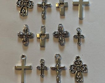 12 piece Antique Silver Cross Charm Collection