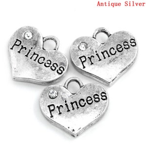 2 Pieces Antique Silver Clear Rhinestone Princess Heart Charms image 3