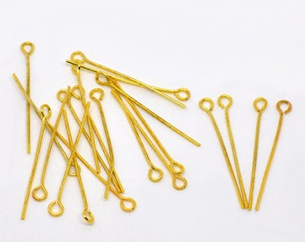 50 Pieces Gold Plated Eye Pins, 30mm x 7mm (21 Gauge)