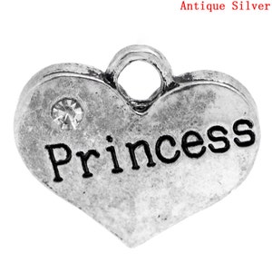 2 Pieces Antique Silver Clear Rhinestone Princess Heart Charms image 1