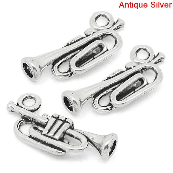 10 Pieces Small Antique Silver Trumpet Charms