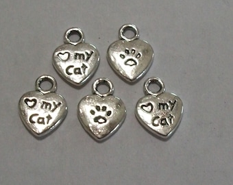 5 Pieces Antique Silver "Love My Cat" Heart Paw Print Charms