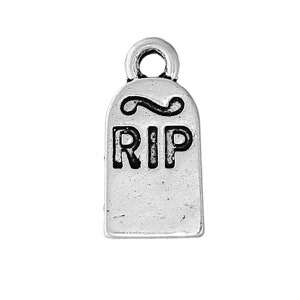 May include: Silver charm shaped like a tombstone with the words "RIP" on it.