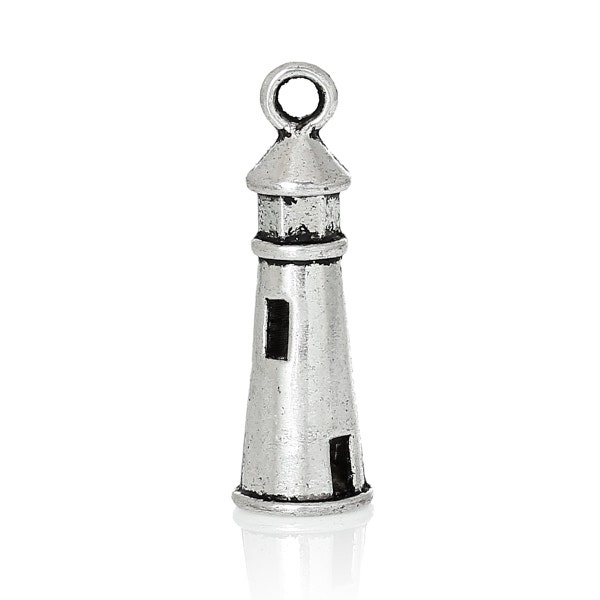 5 pieces Antique Silver Lighthouse Charms 25mm x8mm