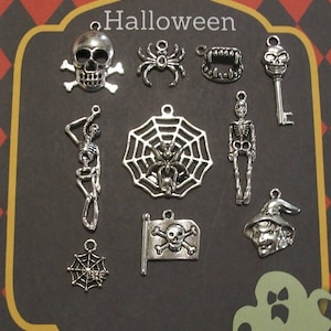 10 piece Antique Silver Halloween Theme Charm Collection