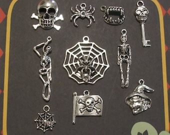 10 piece Antique Silver Halloween Theme Charm Collection