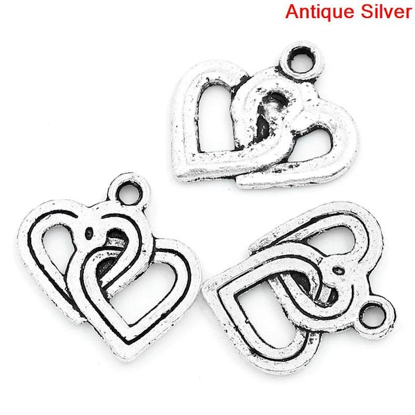 10 Pieces Antique Silver Entwined Heart Charms