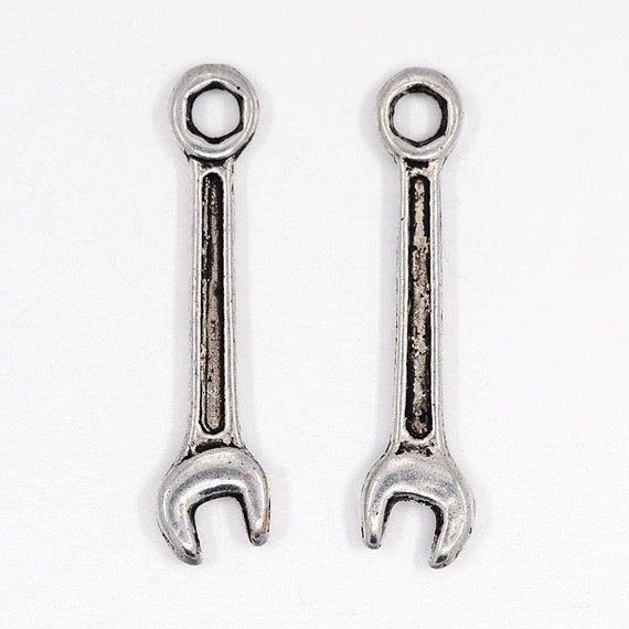 50 Silver Tone Wrench Charm Pendants 24x6mm