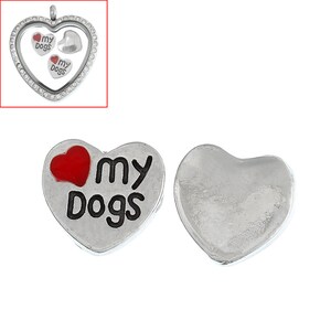 2 Pieces Silver Tone Enamel Red &quot;Love My Dogs&quot; Carved Heart Floating Locket Charms