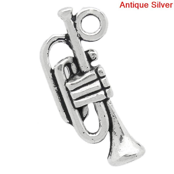 5 Pieces Small Antique Silver Trumpet Charms