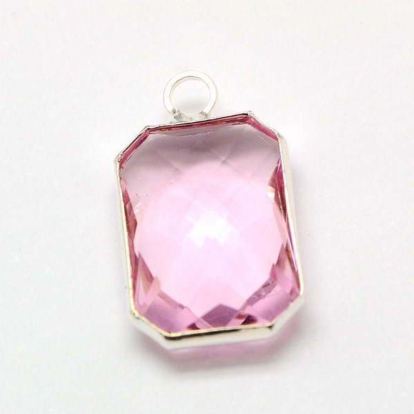 1 Piece Pretty Silver Tone Pink Faceted Glass Rectangle Pendant 16x10mm