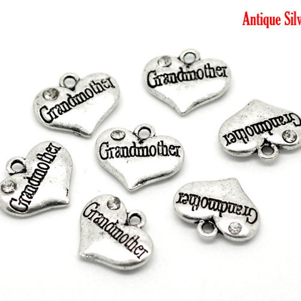 4 Pieces Antique Silver Rhinestone Heart Grandmother Charms