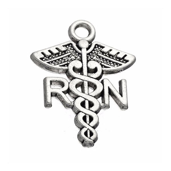 4 Pieces Antique Silver RN (Registered Nurse) Caduceus Charms, 15mm(4/8") x 21mm(6/8")