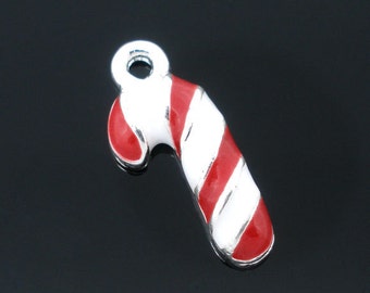 5 Pieces Silver Plated Enamel Christmas Candy Cane Charms