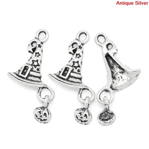 50 Pieces Antique Silver Wizard Hat Pumpkin Halloween Charms 26x14mm