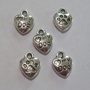 5 Pieces Antique Silver Love My Dog Paw Print Charms image 1