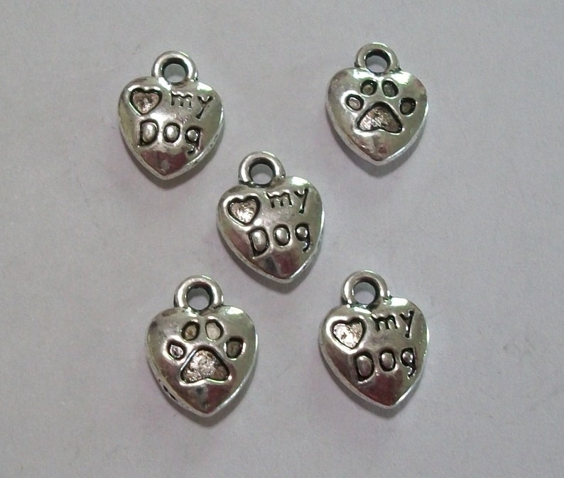 5 Pieces Antique Silver Love My Dog Paw Print Charms image 1