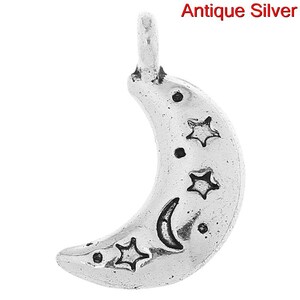 10 PCS Antique Silver Half Moon With Stars Charms,  19mm( 6/8&quot;) x 11mm( 3/8&quot;)