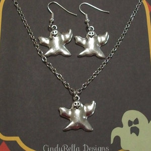 Cute Antique Silver Halloween Ghost Charm Necklace and Earrings