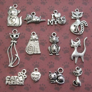 Cute 12 piece Antique Silver Cat Charm Collection