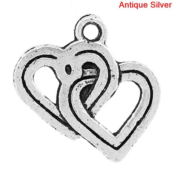 5 Pieces Antique Silver Entwined Heart Charms