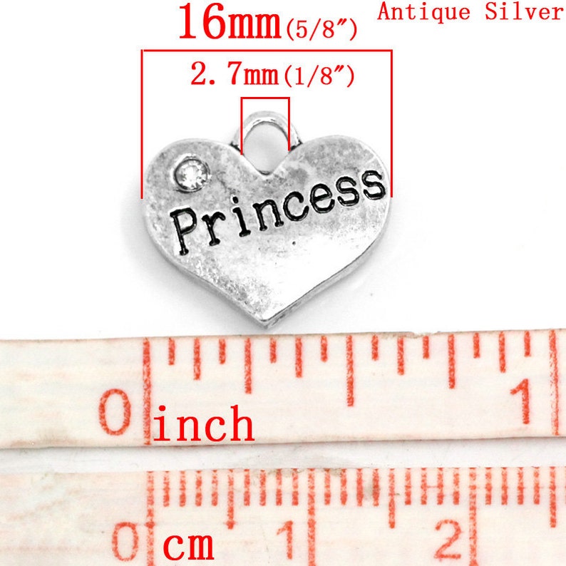 2 Pieces Antique Silver Clear Rhinestone Princess Heart Charms image 2