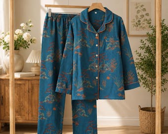 Conjunto de pijama para mujer, pijama floral, pijama con botones delanteros, conjunto cómodo de manga larga para estar en casa.