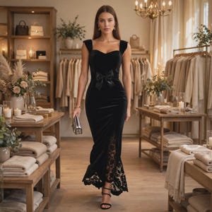 Könnte beinhalten: Ein bodenlanges schwarzes Samtkleid mit herzförmigem Ausschnitt, breiten Trägern und einer mittigen Schleife an der Taille. Das Kleid hat einen hohen Seitenschlitz, der einen schwarzen Spitzeneinsatz bis zum Saum freigibt.