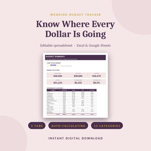 Editable Wedding Budget Tracker Spreadsheet, Excel Planner with Vendor Contacts (Digital Download)