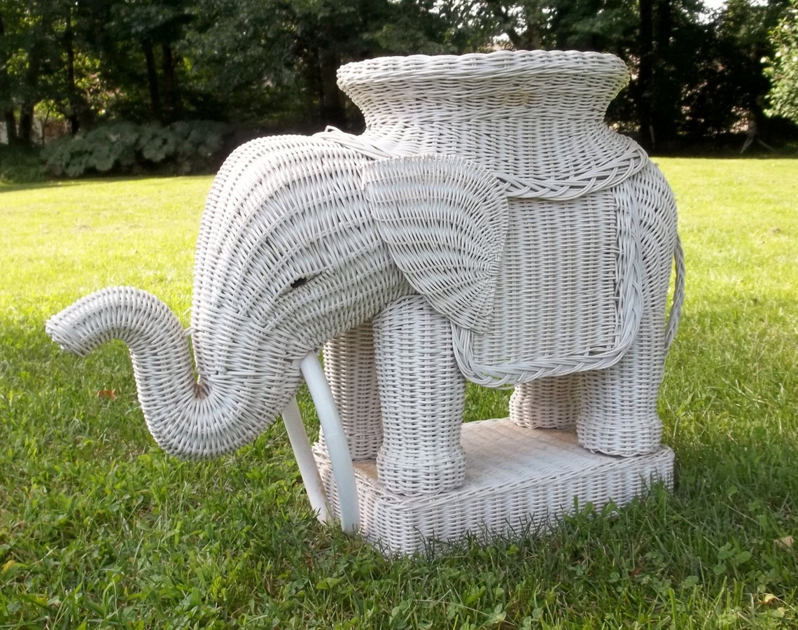 Vintage wicker elephant table white wicker end table rattan Etsy