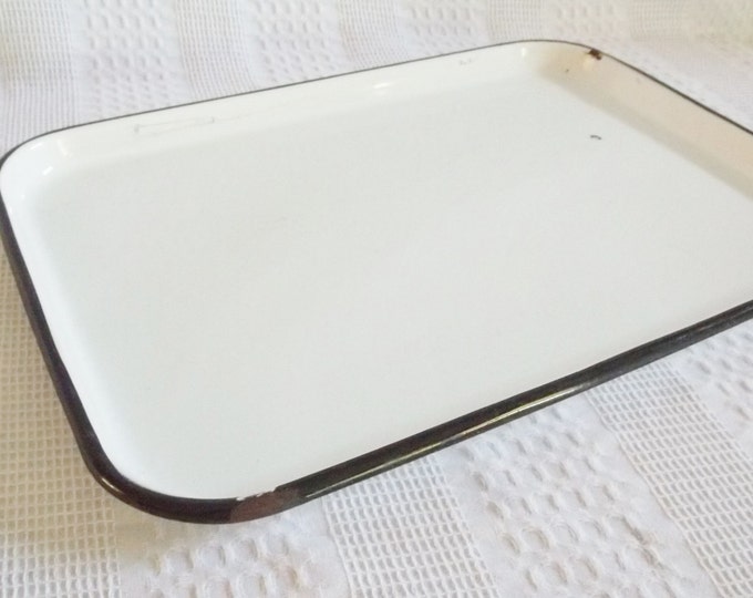 Vintage White Enamelware Tray, Porcelain Enamel Tray With Black Rim