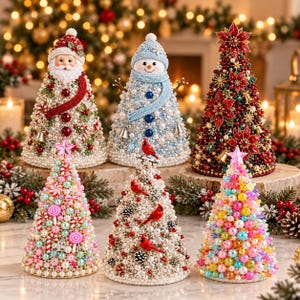 May include: A collection of six decorative cone-shaped ornaments featuring a Santa Claus, a snowman, a poinsettia tree, a candy-themed tree, a cardinal bird tree, and a pastel pearl tree, all adorned with beads, sequins, and festive embellishments.