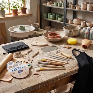 May include: A collection of pottery tools on a wooden table, including a set of six paint brushes in a white plastic tray, various wooden and metal sculpting tools, a yellow sponge, a black apron, a black zippered pouch, and twine.