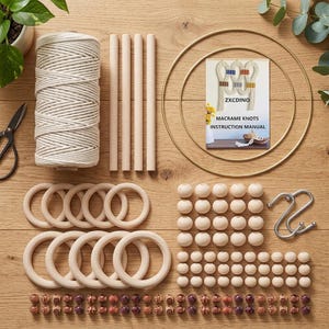 May include: A macrame craft kit containing a spool of off-white cotton cord, four wooden dowels, two gold metal rings, and an instruction manual labeled ZXCDINO. Includes wooden rings, wooden beads, patterned beads, and metal S-hooks.