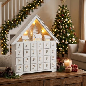 May include: A white wooden house-shaped advent calendar with twenty-four square drawers, each labeled with gold numbers from one to twenty-four. The top section features a backlit village scene with white trees and buildings.