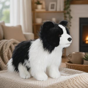 May include: A plush stuffed animal designed to resemble a border collie dog. The toy features long, soft fur in a black and white color pattern, with a white blaze on the face, dark brown eyes, a black nose, and four white paws.