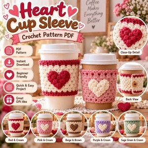 Puede incluir: Un patrón de ganchillo en PDF digital para una funda de taza con forma de corazón, con varias variaciones de color que incluyen rojo, rosa, beige, morado y verde salvia. El diseño muestra un motivo de corazón texturizado en una funda tejida.