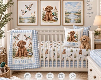 Personalized Baby Boy Crib Bedding Set, Chocolate Lab Puppy & Mallard Duck Nursery, Blue Gingham