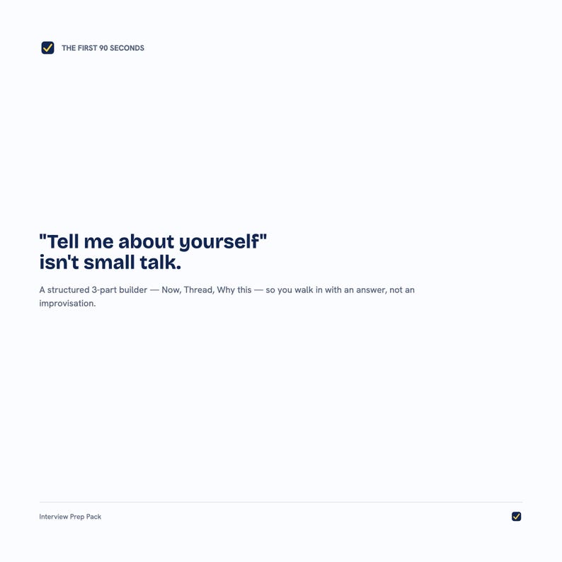May include: A white digital document titled The First 90 Seconds featuring the text Tell me about yourself isn't small talk. It includes a structured 3-part builder consisting of Now, Thread, and Why this, followed by the text Interview Prep Pack.