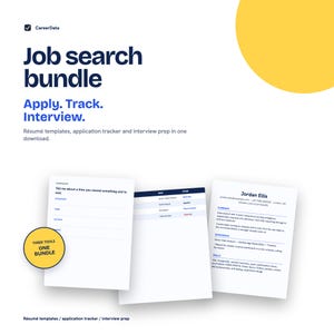 May include: A digital job search bundle featuring the text CareerData, Job search bundle, Apply. Track. Interview. It includes a resume template for Jordan Ellis, an application tracker, and an interview prep sheet with a yellow circle graphic.