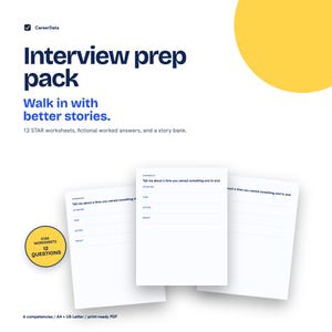 May include: An interview prep pack with a yellow circle and dark blue text reading CareerData, Interview prep pack, Walk in with better stories, 12 STAR worksheets, fictional worked answers, and a story bank. Includes three white worksheets with STAR questions.