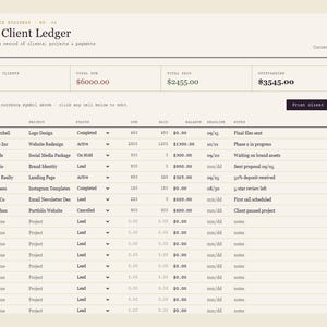 May include: A digital spreadsheet titled The Client Ledger on a light cream background. The table displays columns for client names, projects, status, fees, paid amounts, balances, deadlines, and notes, with summary totals at the top of the page.