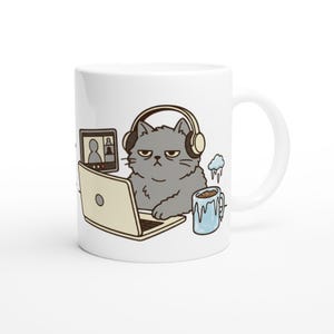 Lustige Katzen-Tasse | Eiskaffee, aber nicht zum Spaß | Katze mit Kopfhörern im Videoanruf | Geschenk für Remote-Arbeiter und Kaffeeliebhaber