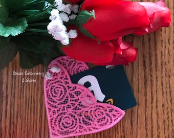 Lace Heart Pocket Ornament, Gift Card Holder, Wedding Favor, Valentine's Day
