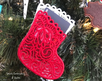 Large Lace Stocking Pocket Ornament, Gift Card Holder