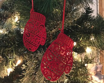 Lace Mittens Ornament, Hostess gift, Christmas Ornament, Secret Santa Exchange