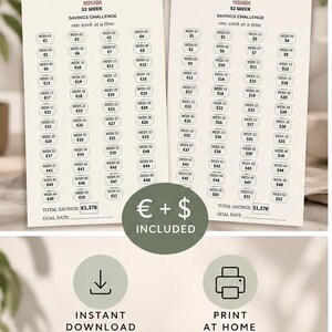 Op de afbeelding: Twee 52-weken spaarchallenge-bladen met de tekst one week at a time. Eén blad toont eurobedragen, het andere Amerikaanse dollarbedragen. Bevat iconen voor direct downloaden, thuis printen, A4-formaat 210 x 297 mm en 2 versies.
