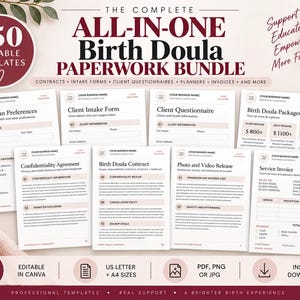 May include: A digital bundle of 50 editable birth doula paperwork templates including contracts, intake forms, client questionnaires, planners, and invoices. The documents feature a clean layout with headings like Birth Plan Preferences and Service Invoice.