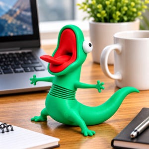 May include: A green lizard figurine with a wide-open mouth, a bright red tongue, and a single large white eye. The creature features a flexible, ribbed neck section, four small limbs, and a long, curved tail, standing in an upright position.