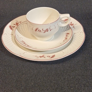 Könnte beinhalten: Ein cremefarbenes Keramik-Teeservice bestehend aus einer Tasse, einer Untertasse und einem Speiseteller. Jedes Teil zeigt ein zartes weinrotes Blumenrankenmuster und ein strukturiertes Korbgeflecht-Design mit einem dünnen weinroten Rand.